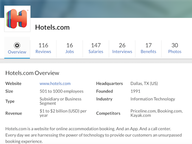 Screengrab of Hotels.com Glassdoor page